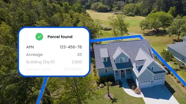 Parcel data showing a property boundary with APN, acreage, and other property attributes