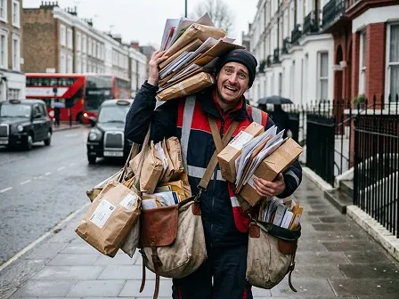 Overwhelmed postal worker carrying too many packages and looking stressed