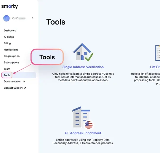 Image showing the "Tools" section in the left side navigation in the Smarty Account Dashboard