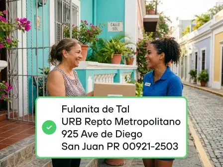 Happy Puerto Rican delivery driver delivering to a validated address with included urbanization
