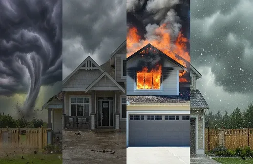 Body image showing a home going through multiple different natural hazards like fire and snow and tornado