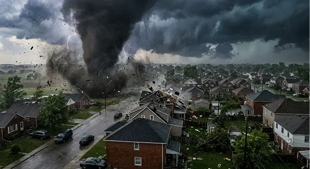 Tornado threatening buildings to represent hazard and climate risk data for insurers