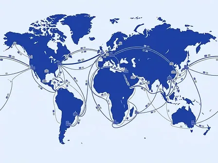 Image of a world map with postcode and ZIP Code routing lines