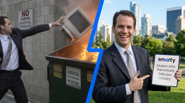 A man showing outdated computer monitor vs modern table with modern API's for property and casualty insurance