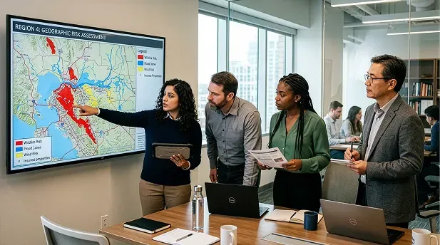 Image showing an insurance team reviewing a map of insured properties and wildfire, flood, and other high-risk zones