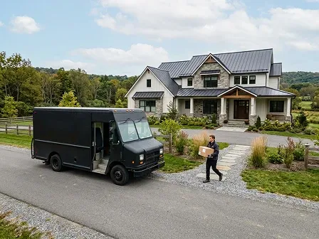 An image of a delivery driver dropping off a package at a non-USPS and non-postal residence