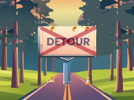 Image showing a detour sign, but the detour has been crossed out