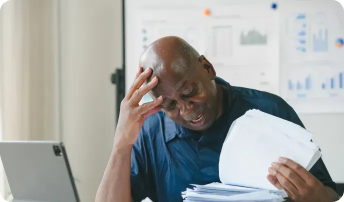 Man stressed reviewing paperwork with a tablet in front of him, hand on his forehead