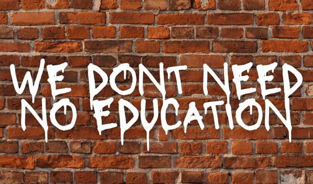 Text over brick wall saying We Don't Need No Education