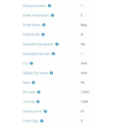 screenshot of an address form showing fields for street, city, state, zip code, and zip+4