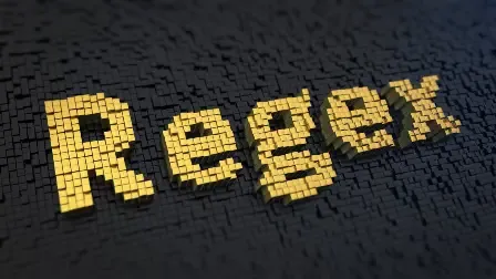 Close up of the word "Regex" spelled in yellow tile like blocks on a dark textured background