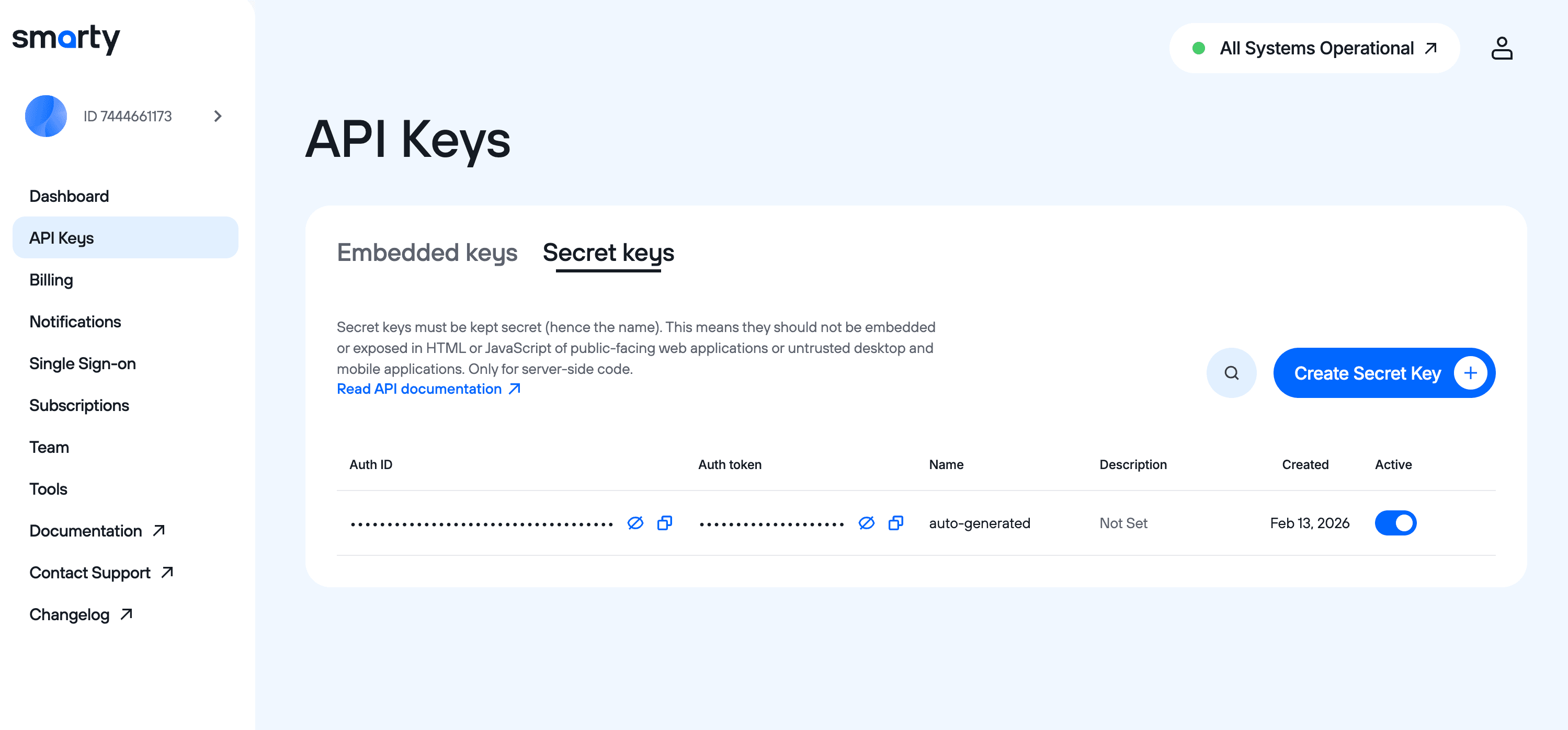 Secret keys page on account dashboard