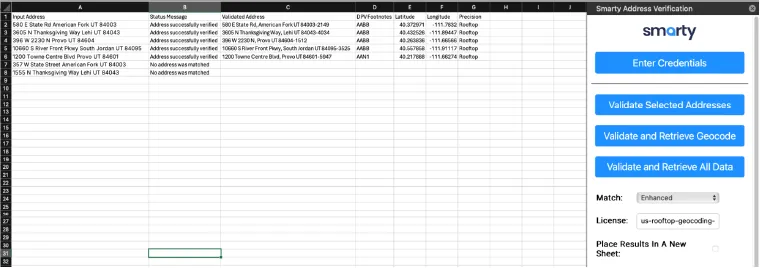 excel spreadsheet showing Smarty's excel plugin for address verification