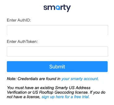 Screenshot of Smarty's login portal for Smarty US Address Verification