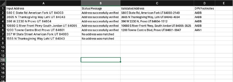 Excel spreadsheet list of address verification