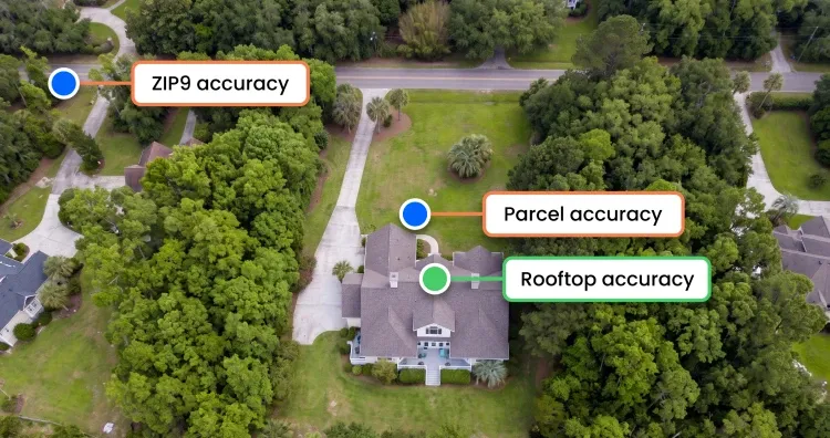 An image of a structure with 3 potential geocode marks at varying levels of precision