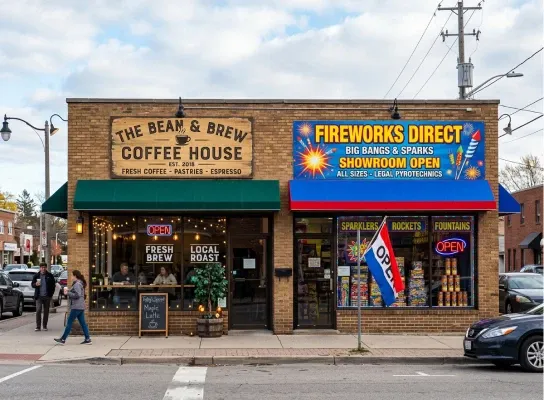 Image showing a strip mall with a coffee house and fireworks showroom. 