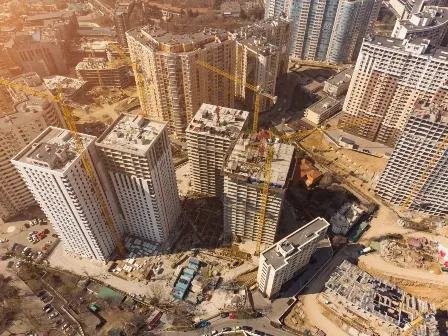 Busy construction site and construction equipment