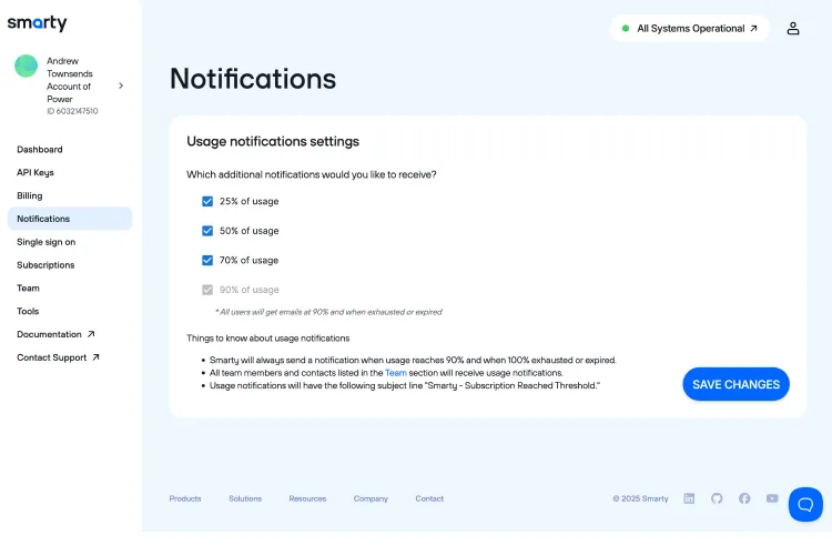 Notifications page on the Smarty Account Dashboard