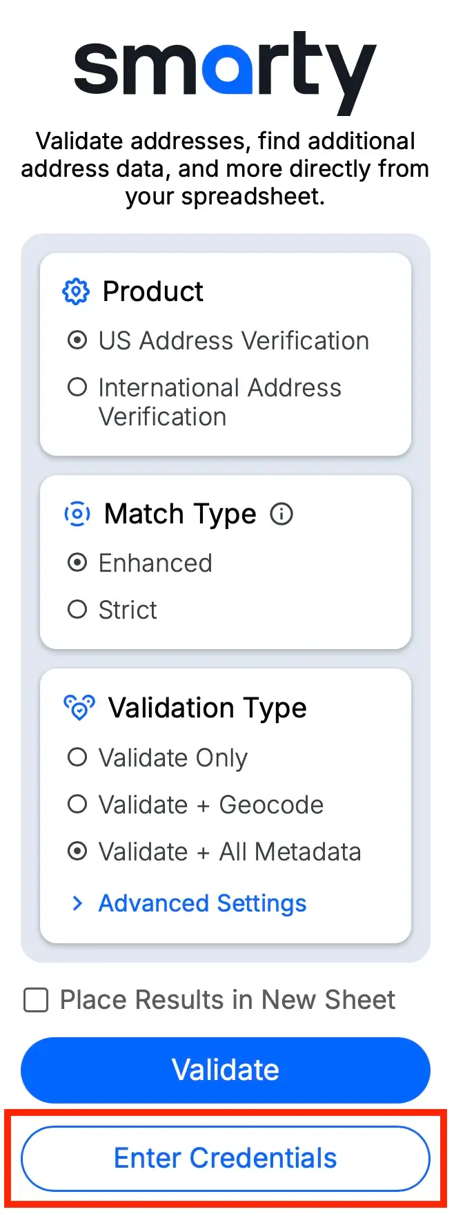 Excel plugin enter credentials step