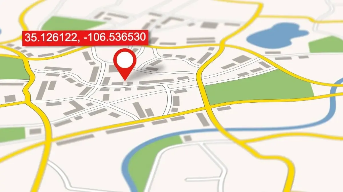 road map with a red pin showing latitude and longitude coordinates