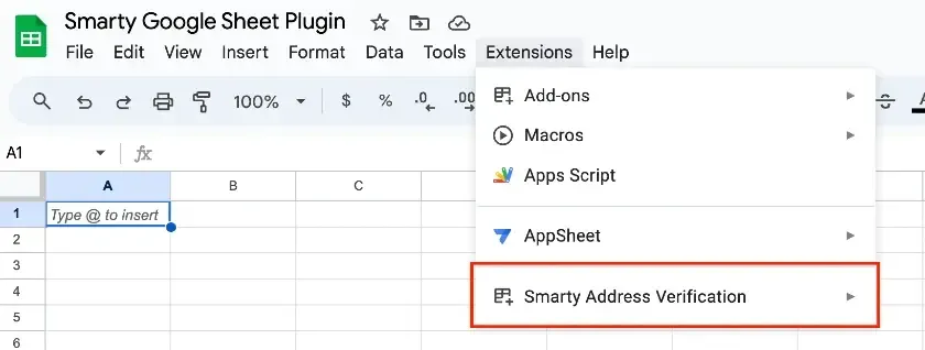 Google Sheets Extension Smarty Address Verification button