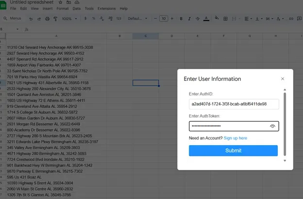 Paste Auth ID and Auth Token into Google Sheets