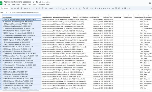 List of validated, parsed addresses in Google Sheets