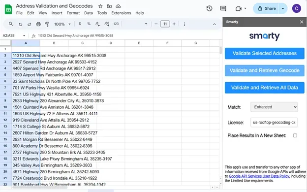 Google Sheets geocoding with the Smarty extension