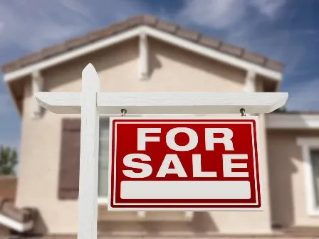 Home for sale with for sale sign and house