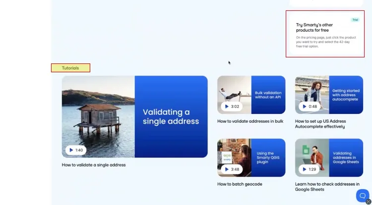 Where to find tutorials and free trials on Smarty's Dashboard