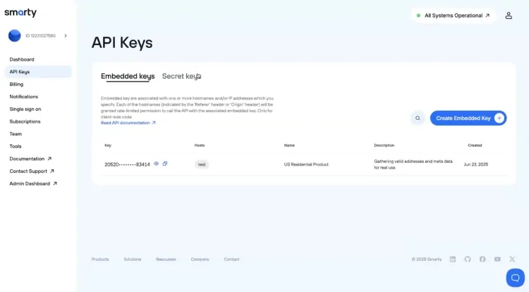 Managing API keys on Smarty's Dashboard