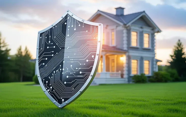 A large digital shield with circuit-board patterns stands on a lawn in front of a home, symbolizing what is insurtech for property protection with smart insurance technologies. 