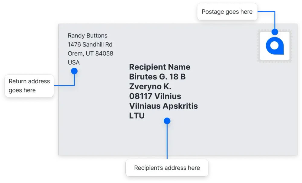 Lithuania mailing address format example on an envelope