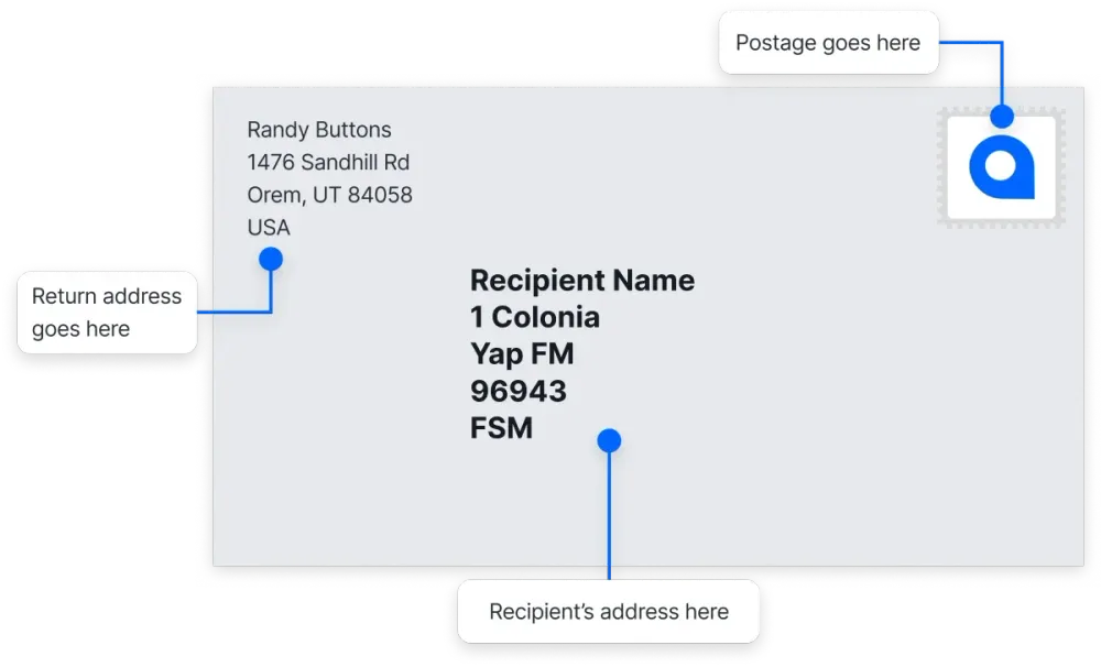 Federated States of Micronesia mailing address format example on an envelope