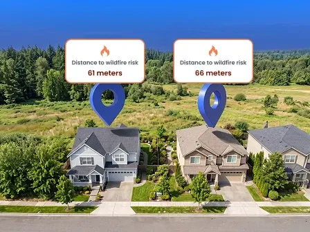 Image of two homes with different distances to wildfire risk.