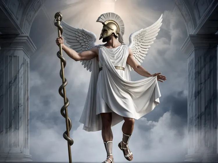 Image showing Hermes holding a staff and wearing a helme, robe, and sandals.