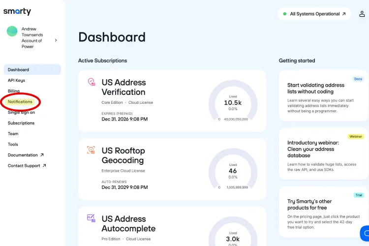 Notifications button on the Smarty Account Dashboard