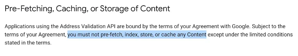 Snippet from Google's address validation policy page