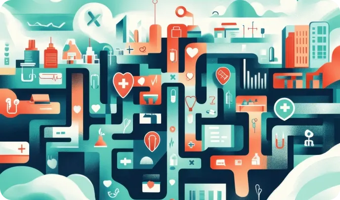 An image map visualizing the complex flow of medical information as it passes through interweaving data systems.