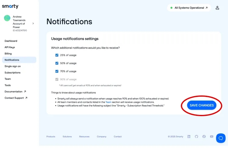 Save changes button on the Notifications page