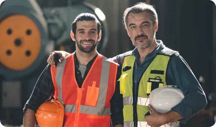 Two construction workers wearing safety vests and holding hard hats.