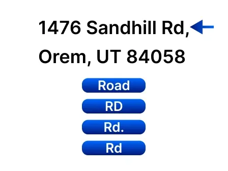 Street abbreviation examples: Road, RD, Rd., Rd