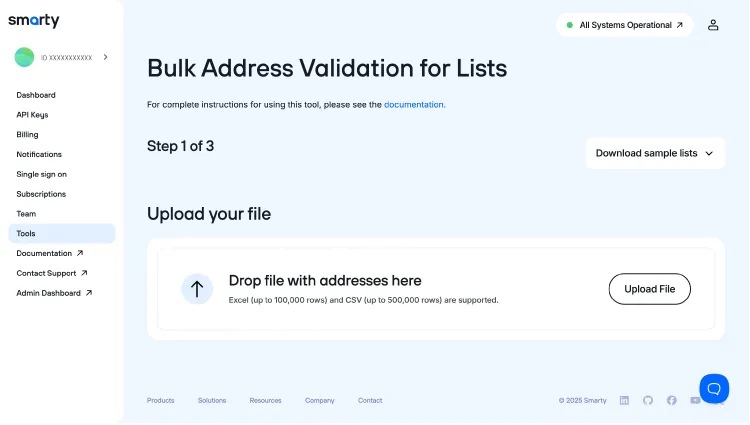 Bulk Address Validation showing the upload file button.