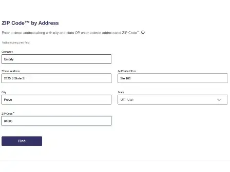Screenshot of a USPS address lookup form with company and street address fields filled in