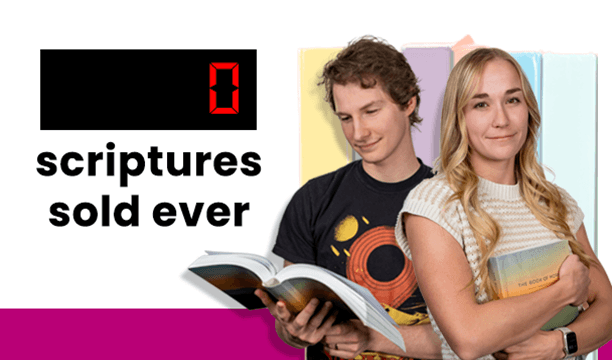 Man holding a book and woman posing with text "0 scriptures sold ever"