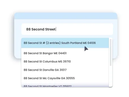 Image showing dropdown of valid addresses furnished by US Address Autocomplete demonstrating that addresses need to be valid
