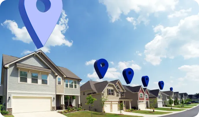 A row of houses with Smarty pins above each.