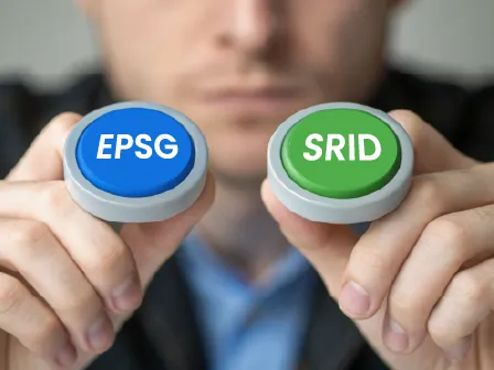 Man holding two buttons with EPSG vs SRID written on them