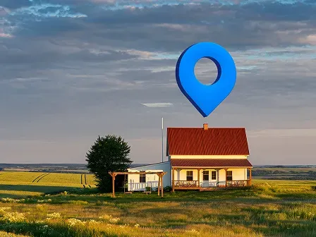 farmhouse on a giant plot of land with a pin right over the farmhouse.